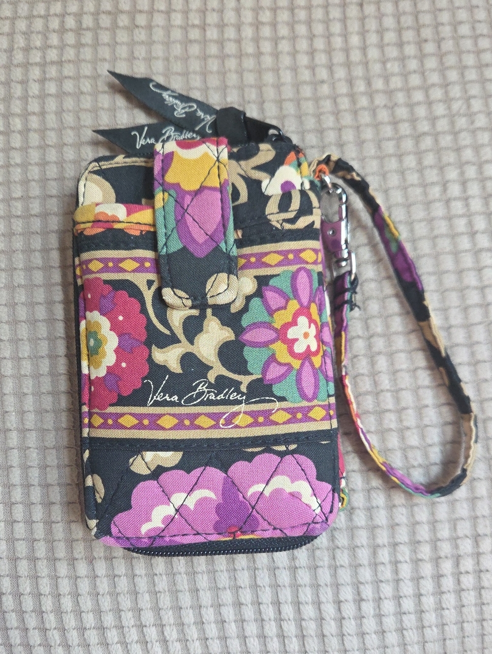 Vera Bradley Black Floral Quilted Wristlet with Purple & Pink Accents
